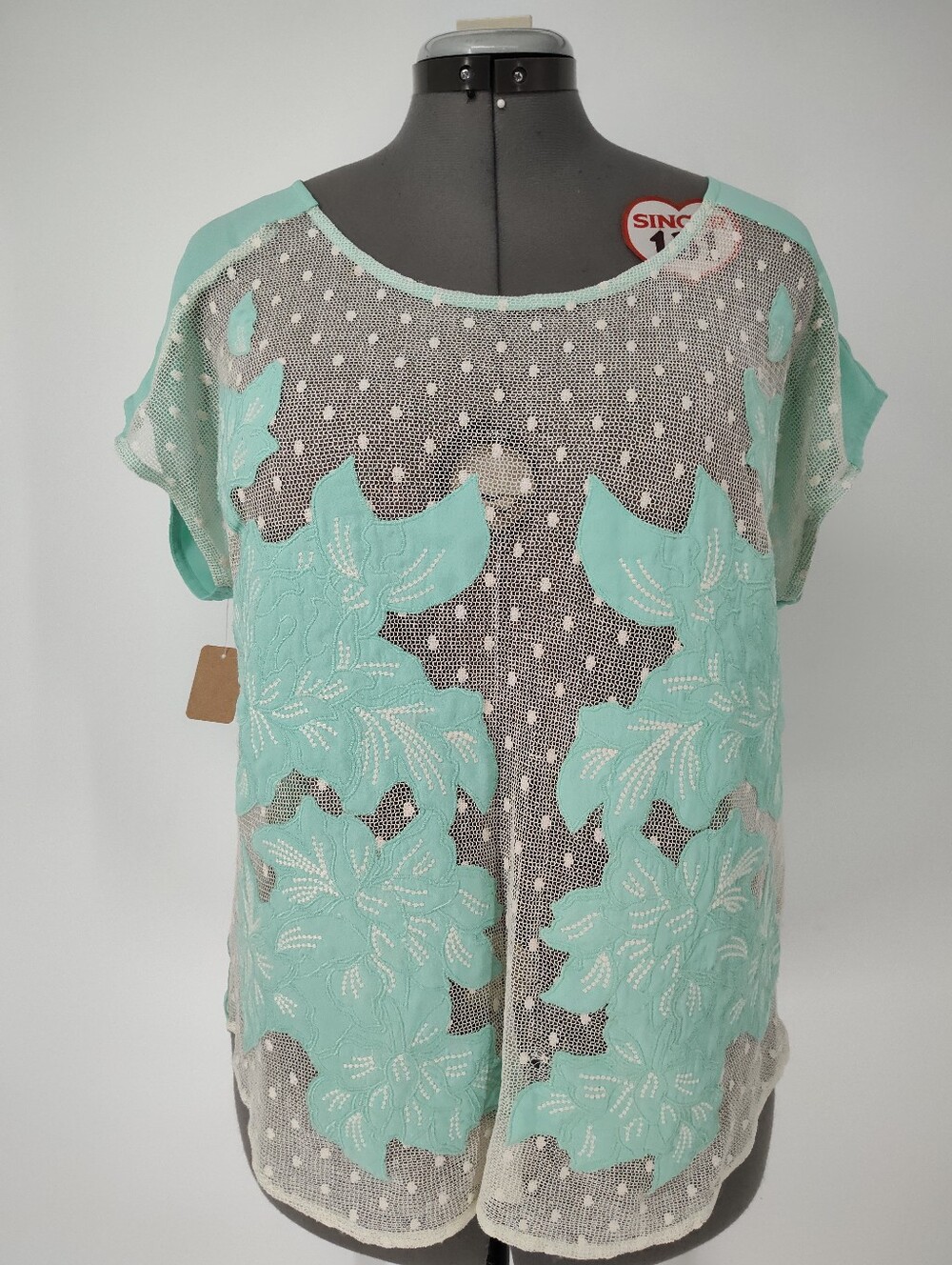 Blu Pepper Women's Mint Floral Lace Front Short Sleeve Top Size Large